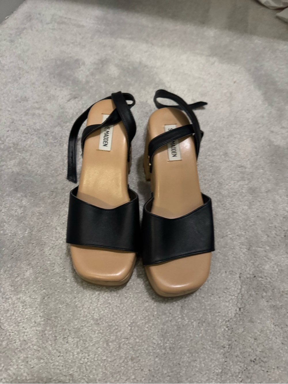 Steve Madden Black Strappy Block Heel Sandals with Tan Footbed